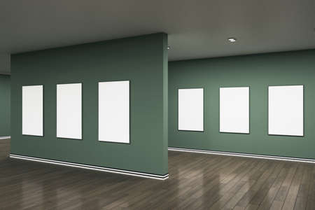 Modern gray gallery interior with blank mock up frames on wall and reflections on wooden flooring. Art, no people, museum and exhibition concept. 3D Renderingの写真素材