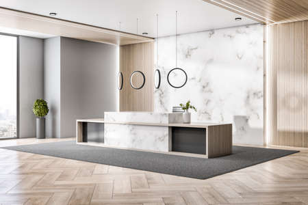 Modern wooden and concrete office lobby interior with window city view, reception desk and decorative items. 3D Renderingの写真素材