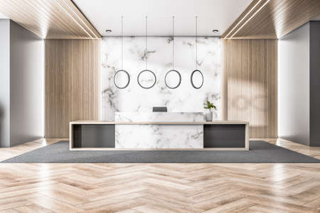 Modern wooden and concrete office lobby interior with reception desk and decorative items. 3D Renderingの写真素材
