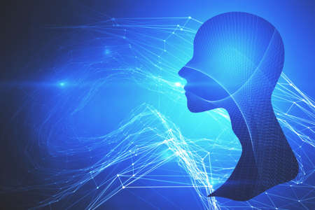 Abstract blue background with head outline, polygonal connections and mock up place. AI, artificial...