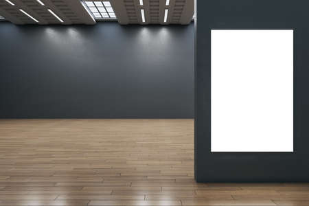Modern empty dark black wall gallery interior with white mock up frame and reflections on wooden...
