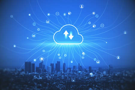 Creative glowing cloud hologram on illuminated night city backdrop. Cloud computing and database...