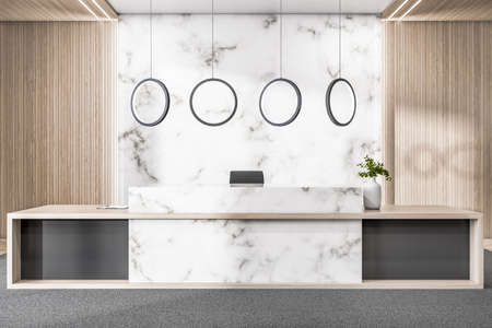 Contemporary wooden and concrete office lobby interior with reception desk and decorative items. 3D Renderingの写真素材