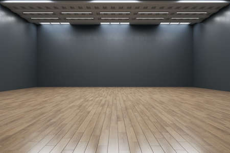 Clean empty dark black wall gallery interior with mock up place and reflections on wooden parquet...