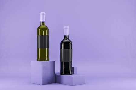 Wine bottle with blank mock up label on lavender background. Advertisement and branding, liqor and beverage concept. 3D Renderingの写真素材