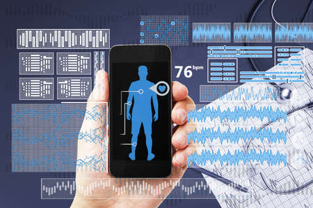 Close up of male hand holding smartphone with abstract blue medical cardiology hologram interface screen. Online healthcare and future concept. Double exposureの写真素材