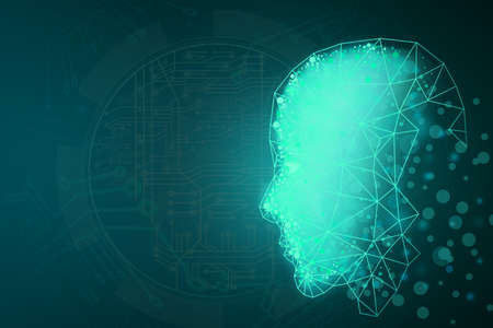 Creative blue polygonal head outline on dark background with mock up place. Artificial intelligence...