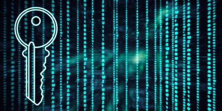 Creative digital key on dark coding language background with mock up place. Technology and web access concept. 3D Renderingの写真素材