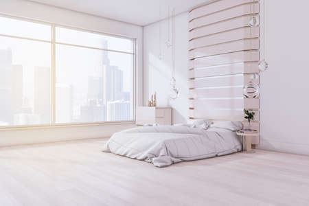Modern bedroom interior with bright daylight, window with city view, furniture and decorative objects. Style and design concept. 3D Renderingの写真素材
