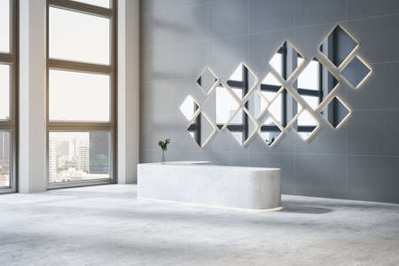 Modern office interior with reception desk and plant, abstract decor, concrete tile wall and window with city view and daylight. 3D Renderingの写真素材