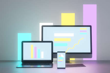 Abstract light neon designer desktop with glowing laptop computer monitors, smartphone screen and...