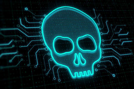 Creative glowing digital skull on dark background. Hacker, technology and virus concept. 3D...