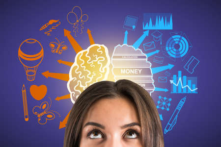 Portrait of attractive young european businesswoman with creative brain sketch with creative and...