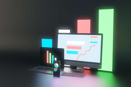 Creative dark neon designer desktop with glowing laptop computer monitors, smartphone screen and business charts, graphs and diagrams. Finance, stock and economic growth concept. 3D Renderingの写真素材