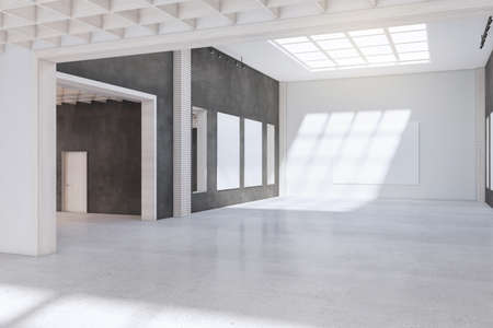 Clean concrete exhibition hall interior with empty posters and sunlight. Gallery concept. 3D...