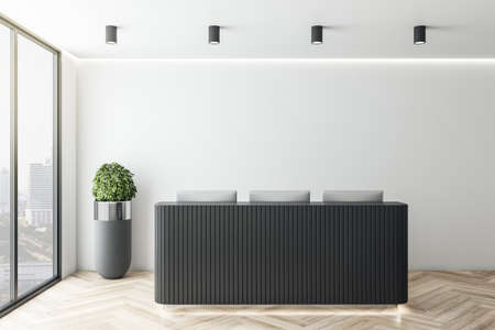 Creative office reception interior with wooden flooring, mock up place on wall, panoramic city view...