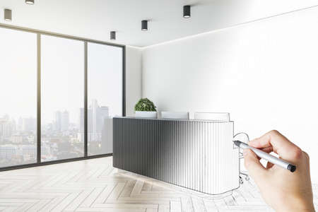 Hand drawing of creative office reception interior with panoramic city view and furniture. Design, repairs, blueprint, waiting area and workplace conceptの写真素材