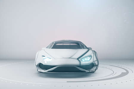 Creative wireframe sports car on white background with mock up place on wall. Racing and design concept. 3D Renderingの写真素材