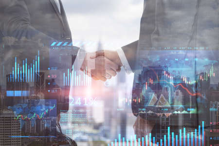 Side view of businessmen shaking hands on abstract blurry city background with glowing forex chart...