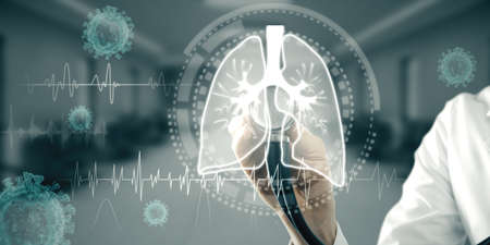 Abstract image of medical female worker hand on glowing interface of lungs and virus on blurry...