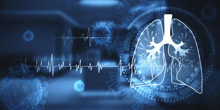 Abstract image of medical interface with lungs and virus on blurry interior background. Medicine,...