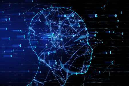 Abstract binary code face outliine interface on dark blue background. Machine learning and AI...