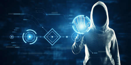 Hacker using abstract digital business interface on blurry blue background. Technology, hacking,...