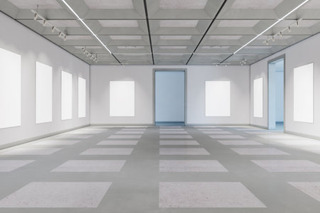 Light concrete gallery interior with empty white mock up posters. 3D Renderingの写真素材
