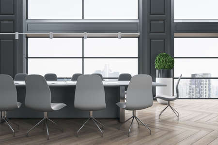 Modern wooden and concrete meeting room interior with panoramic city view, furniture and daylight....