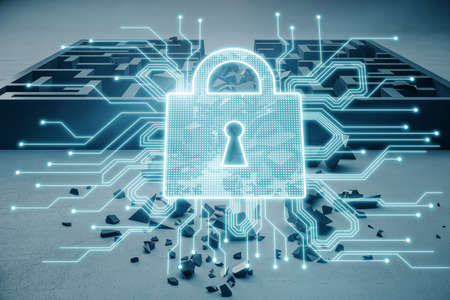 Abstract bright padlock chip hologram on maze background, Solution, choice and protection concept. double exposureの写真素材