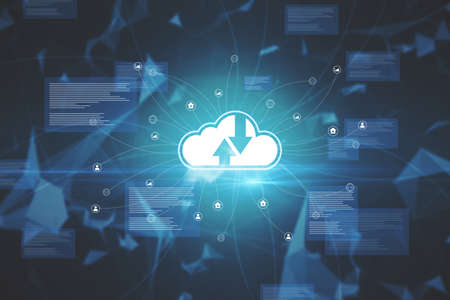 Creative glowing cloud computing interface on blurry dark background. Online network and database...