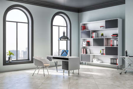 Modern office interior with window and city view, desktop workplace and bookcase. 3D Rendering...