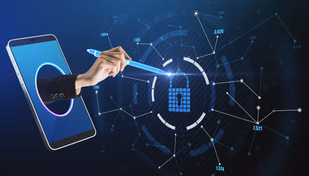 Close up of businesswoman hand using digital pencil hologram to draw keypad security interface on...