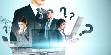 Attractive young european businesspeople with polygonal mesh, devices and question marks on blue background. Idea, solution, teamwork and success concept. double exposureの写真素材