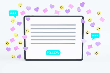 Close up of white pad with colorful social media icons on light background. Communication, follow and connection concept. 3D Renderingの写真素材