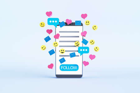 Close up of white cellphone with colorful social media icons on light background. Communication,...