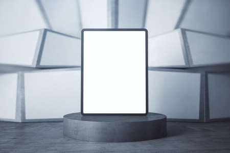 Podium with empty white mock up screen digital tablet on abstract wall background. product presentation concept. Device and technology concept. 3D Renderingの写真素材