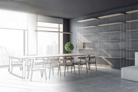 Sketch of contemporary conference room interior with window and city view, glass partition and...
