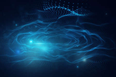 Abstract digital blue wave interface on blurry backdrop. Technology and AI concept. 3D Rendering
