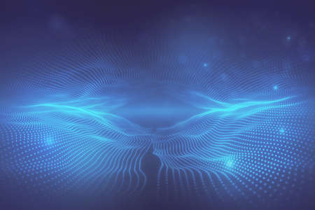 Abstract digital blue wave interface on blurry wallpaper. Technology and AI concept. 3D Rendering