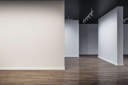 Contemporary concrete exhibition hall interior with mock up place on wall and wooden flooring with...