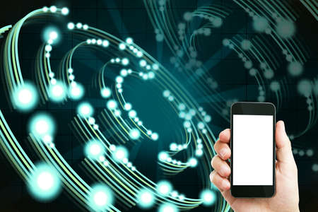 Close up of hand holding empty mock up smartphone with creative circular light background....
