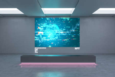 Creative exhibition center with glowing polygonal NFT hologram. Technology, business and currency...