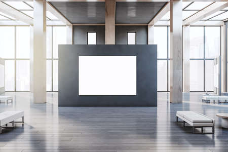 Contemporary wooden and concrete gallery interior with empty white mock up banner, columns, window...