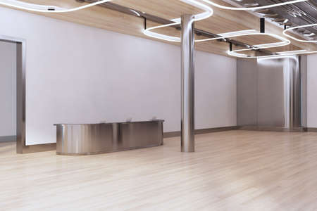 Modern concrete and wooden office reception interior with desk, column and blank mock up place on wall. 3D Renderingの写真素材