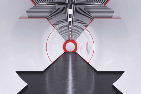 Abstract light concrete tunnel interior. Futuristic spaceship design concept. 3D Rendering