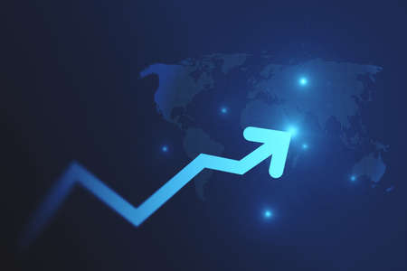 Abstract glowing growing business arrow and map hologram on blue backdrop. Technology and internet data concept. 3D Renderingの写真素材