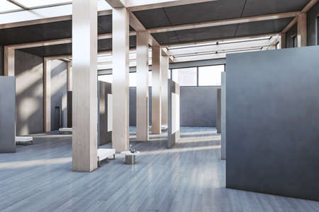 Modern wooden and concrete gallery interior with blank mock up place, columns, window with city view and daylight. 3D Renderingの写真素材