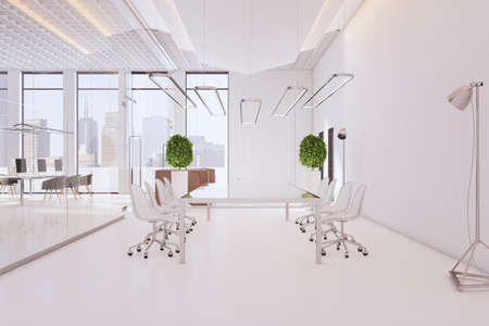 Modern white concrete glass office interior with window and city view, daylight, coworking and meeting areas, decorative plants. Design and style concept. 3D Renderingの写真素材
