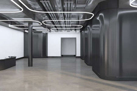 Modern concrete and silver office reception interior with desk. 3D Rendering